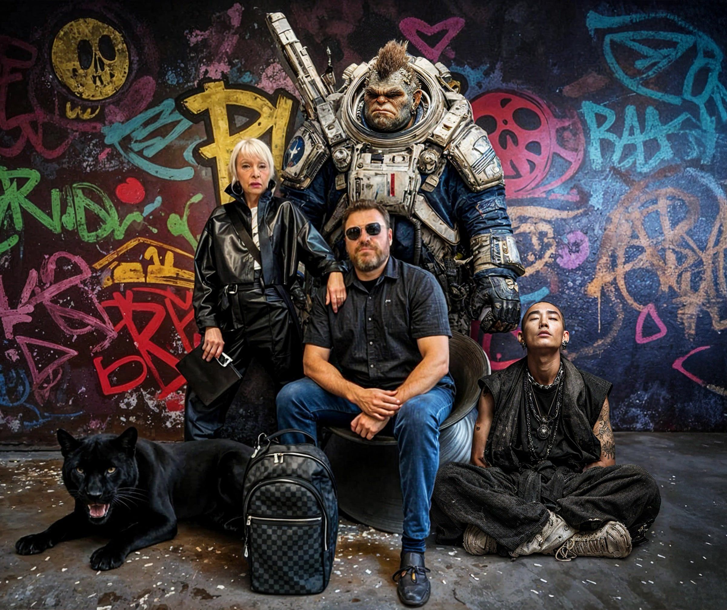 Steven Ayres seated in front of a graffiti wall with two collaborators, an ape in a space suit and a black panther